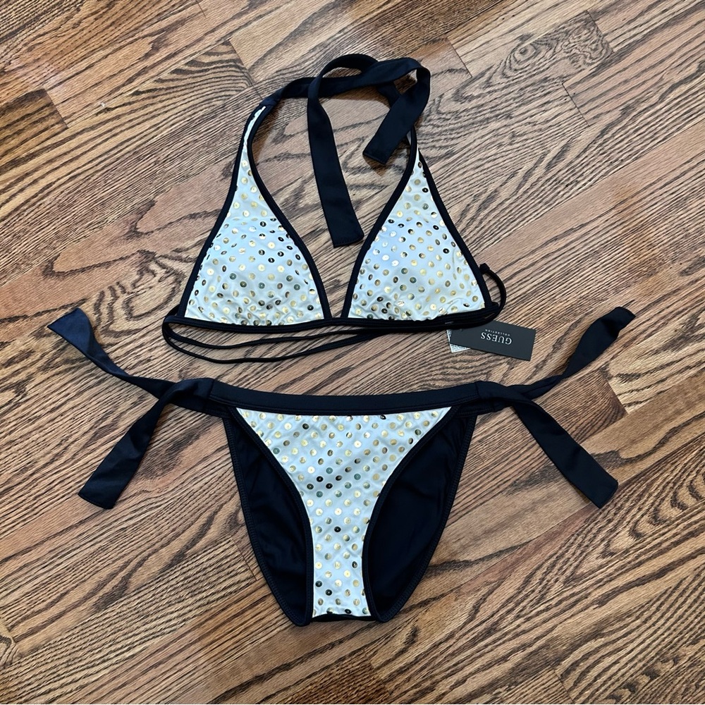 Guess NWT halter bikini white black gold